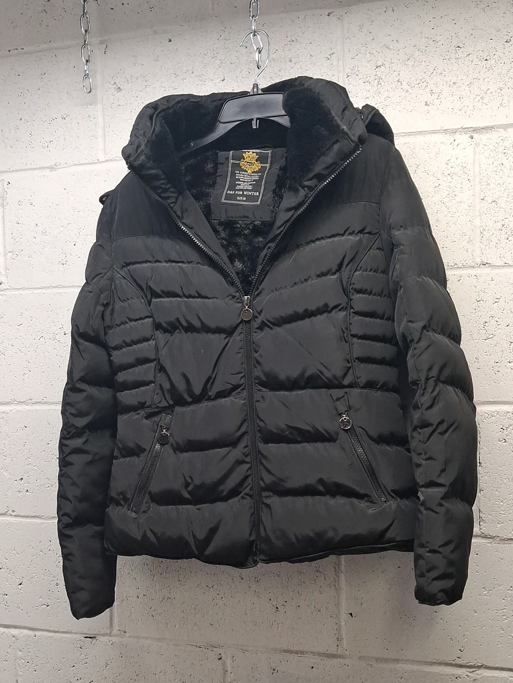H&S Black Puffer Hooded Winter Jacket Fur Lined Unisex